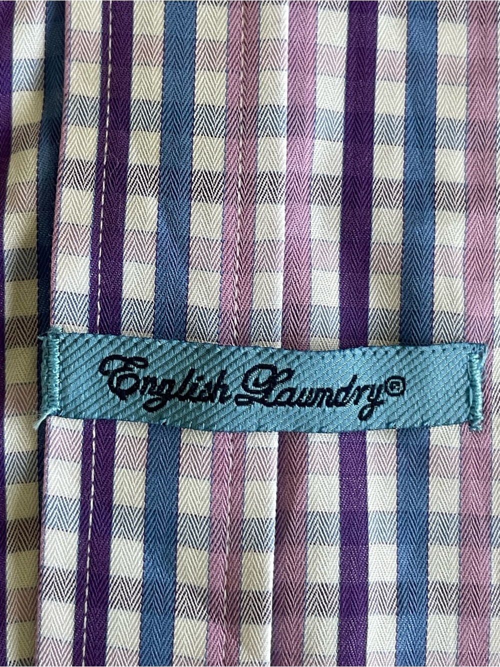 English Laundry Herringbone Plaid Dress Shirt Purple Lavender Blue Size 15 32/33 - Picture 7 of 8